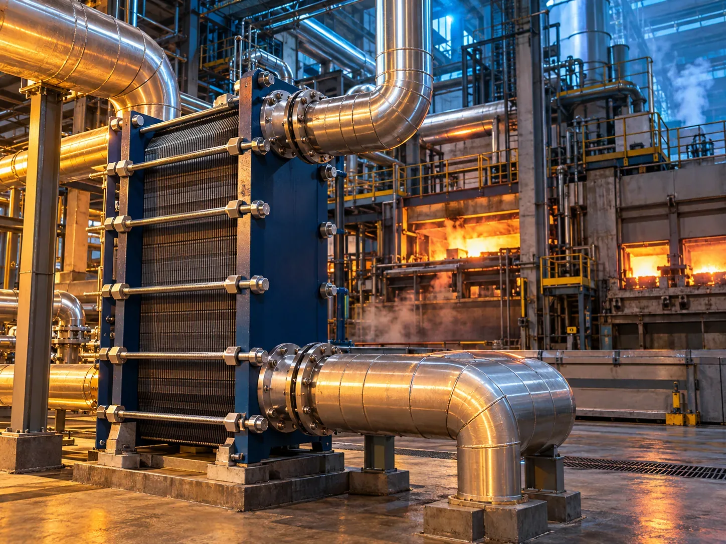Échangeur à plaques raccordé à des tuyauteries industrielles