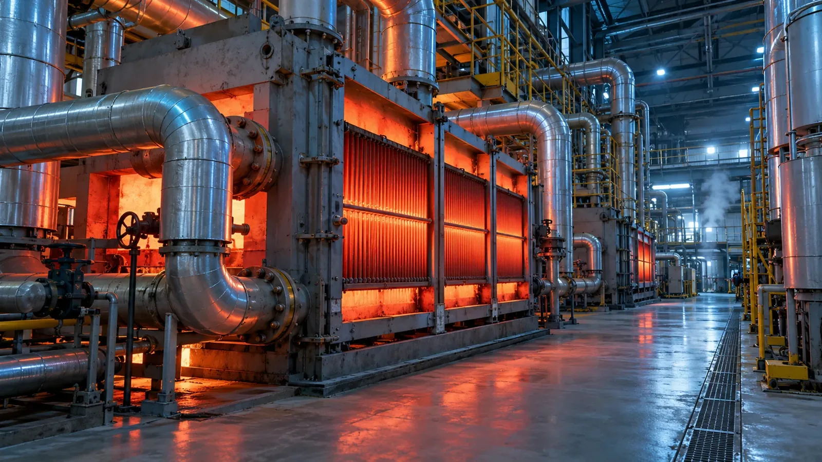 Échangeur et conduites isolées dans un local industriel